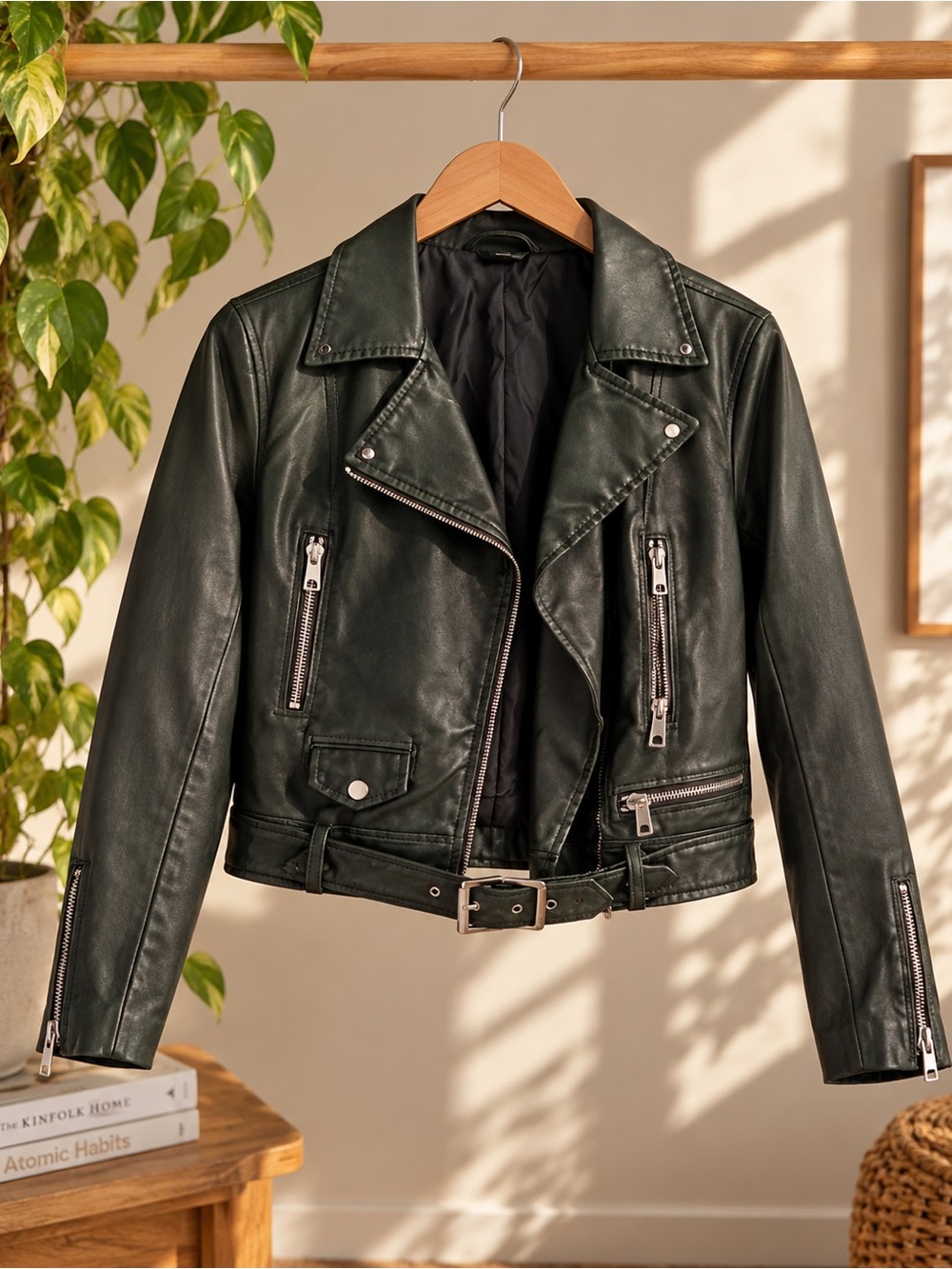Avant Premiere Dark Olive Green Faux Leather Moto Biker Jacket Belted Size M